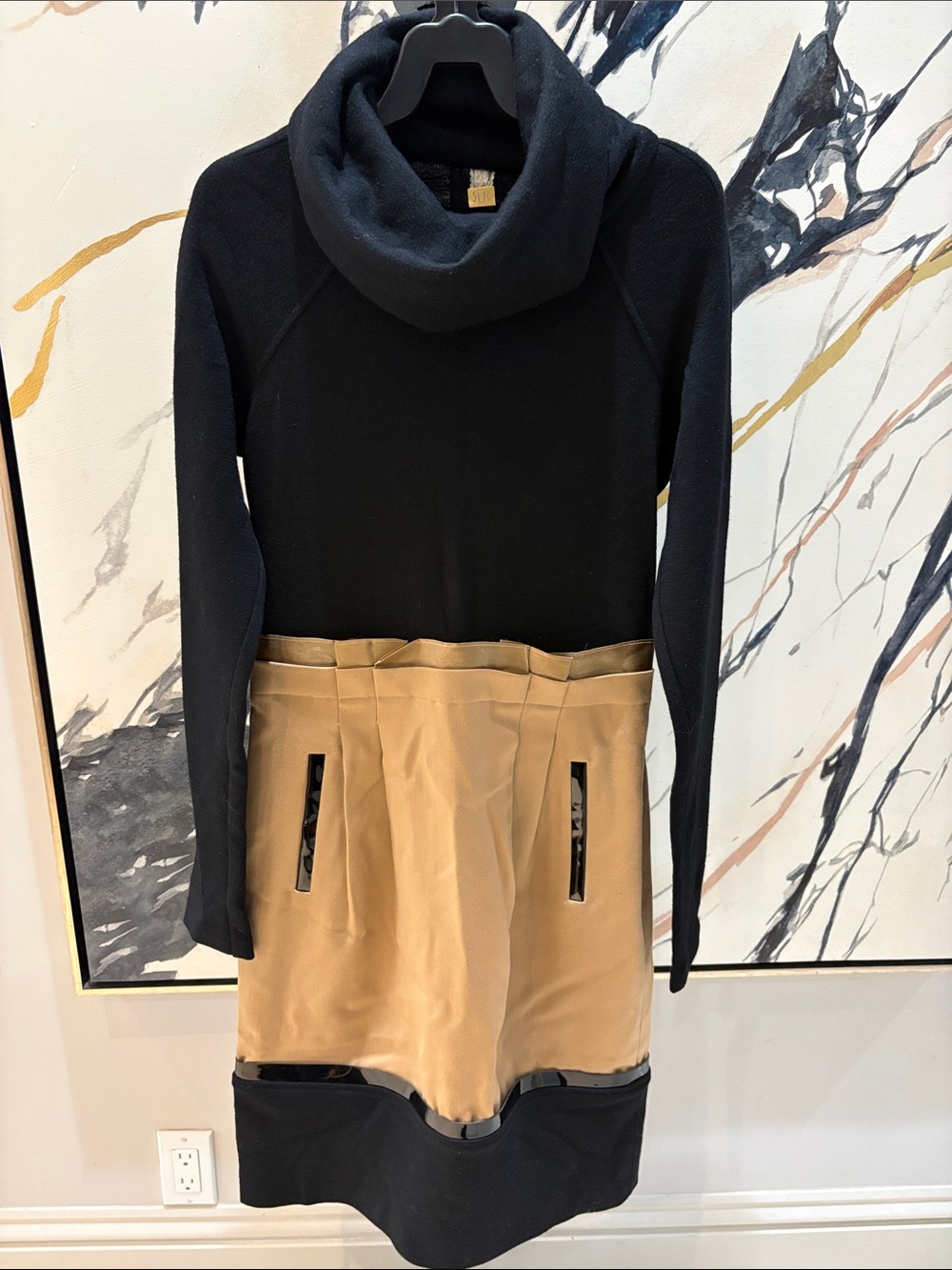 RACHEL Rachel Roy Black and Tan Cowl-Neck Dress